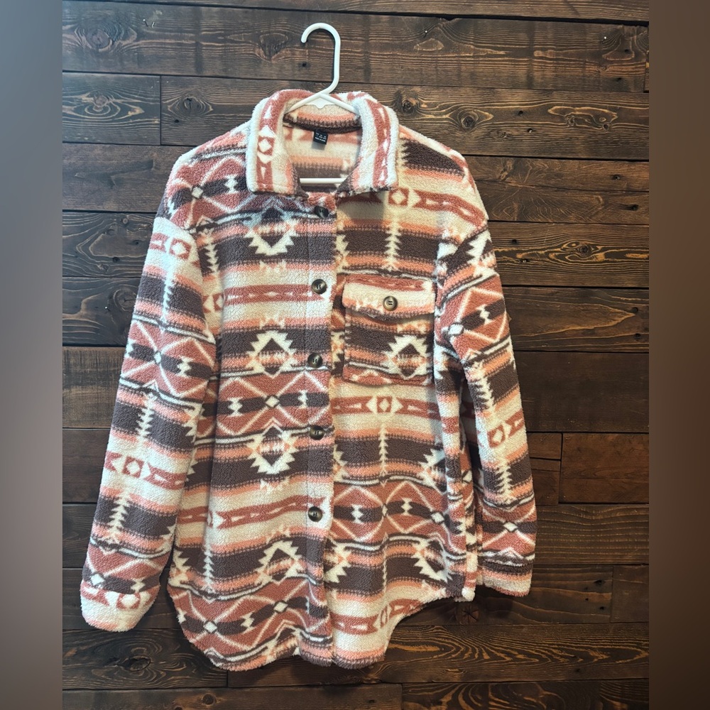 Aztec Pattern Coat Single Breasted Regular Fit Long Sleeve Teddy jacket